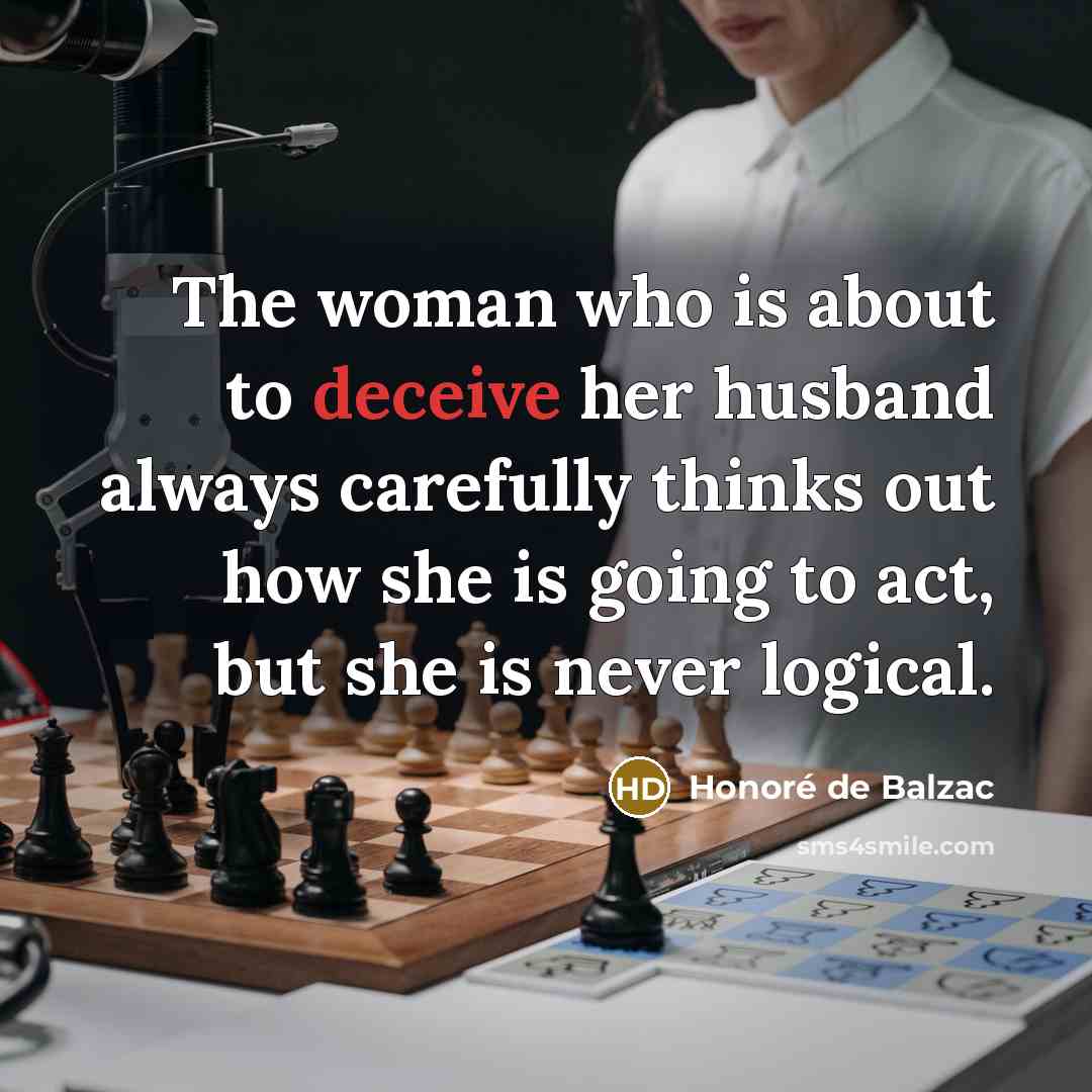 “The woman who is about to deceive her husband always carefully thinks out how she is going to act, but she is never logical.” quote by Honore de Balzac
