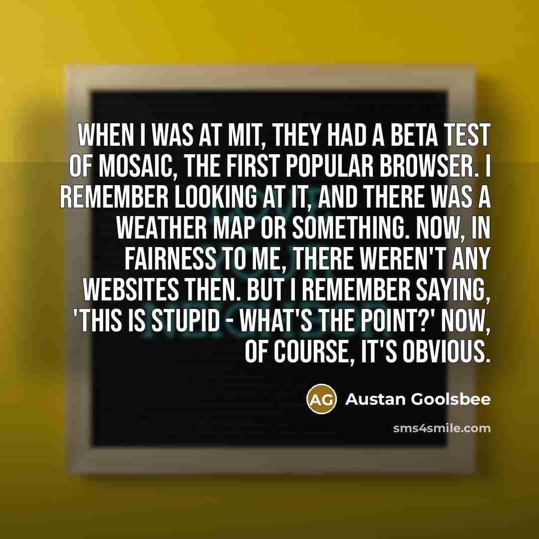 “When I was at MIT, they had a beta test of Mosaic, the first popular browser. I remember looking at it, and there was a weather map or something. Now, in fairness to me, there weren't any websites then. But I remember saying, 'This is stupid - what's the point?' Now, of course, it's obvious.” quote by Austan Goolsbee