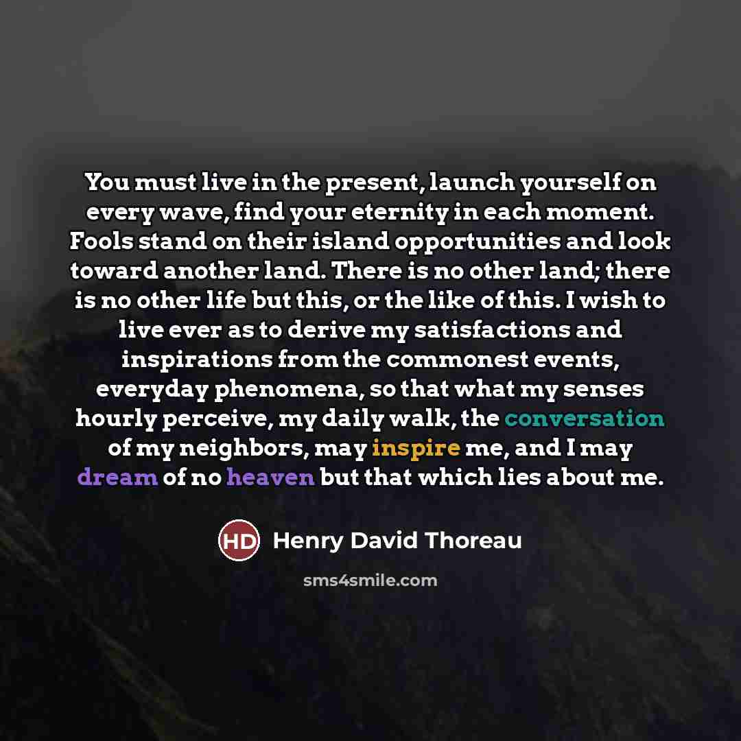 “You must live in the present, launch yourself on every…” quote by Henry David Thoreau