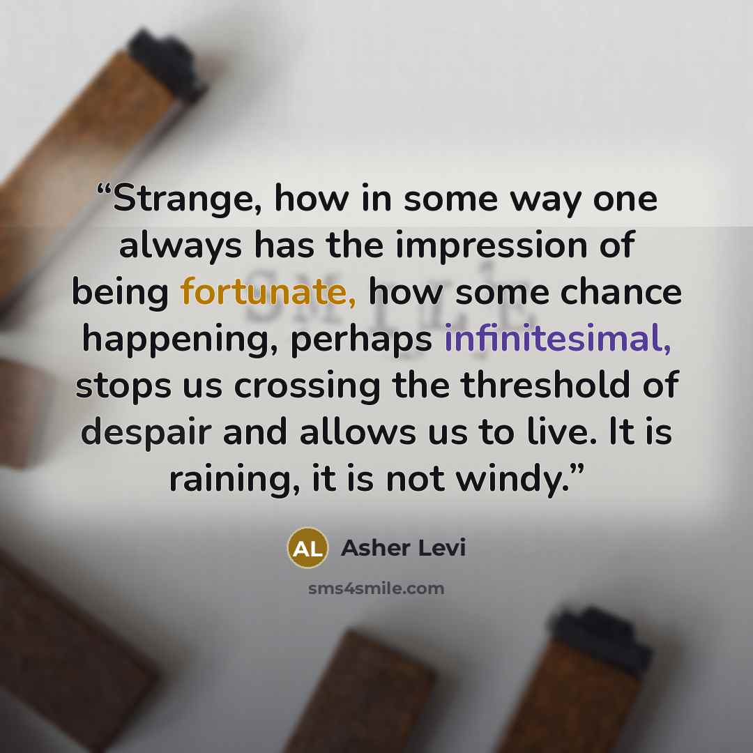 “Strange, how in some way one always has the impression of being fortunate, how some chance happening, perhaps infinitesimal, stops us crossing the threshold of despair and allows us to live. It is raining, it is not windy.” quote by Asher Levi
