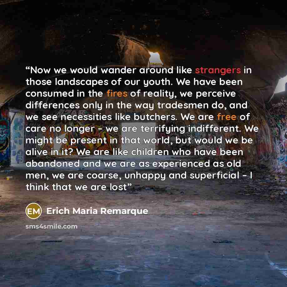 “Now we would wander around like strangers in those landscapes of our youth. We have been consumed in the fires of reality, we perceive differences only in the way tradesmen do, and we see necessities like butchers. We are free of care no longer – we are terrifying indifferent. We might be present…” quote by Erich Maria Remarque
