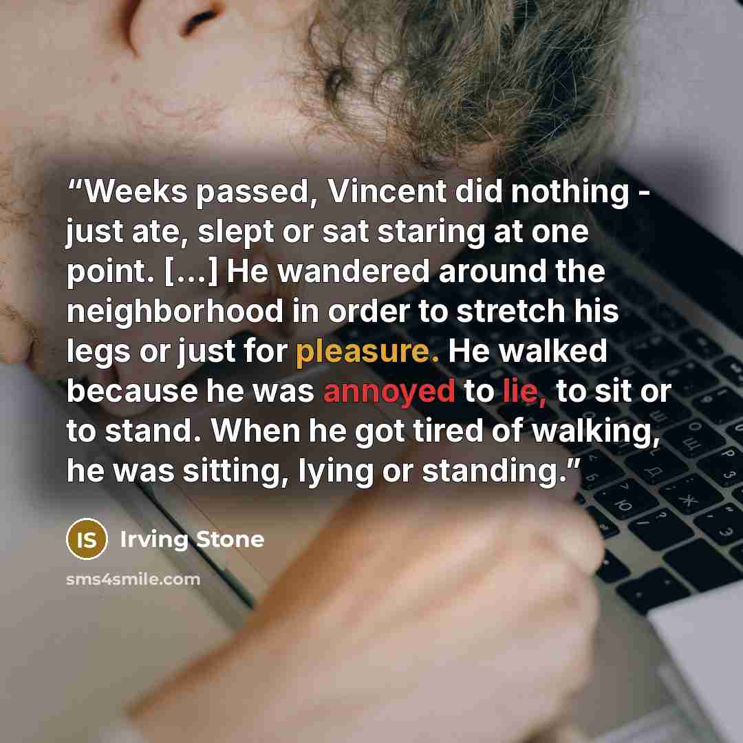 “Weeks passed, Vincent did nothing - just ate, slept or sat staring at one point. [...] He wandered around the neighborhood in order to stretch his legs or just for pleasure. He walked because he was annoyed to lie, to sit or to stand. When he got tired of walking, he was sitting, lying or standing.” quote by Irving Stone
