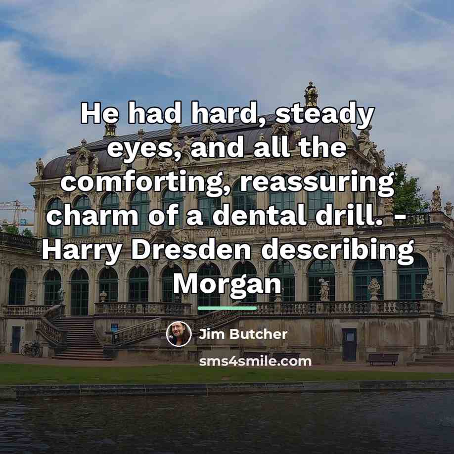 “He had hard, steady eyes, and all the comforting, reassuring…” quote by Jim Butcher