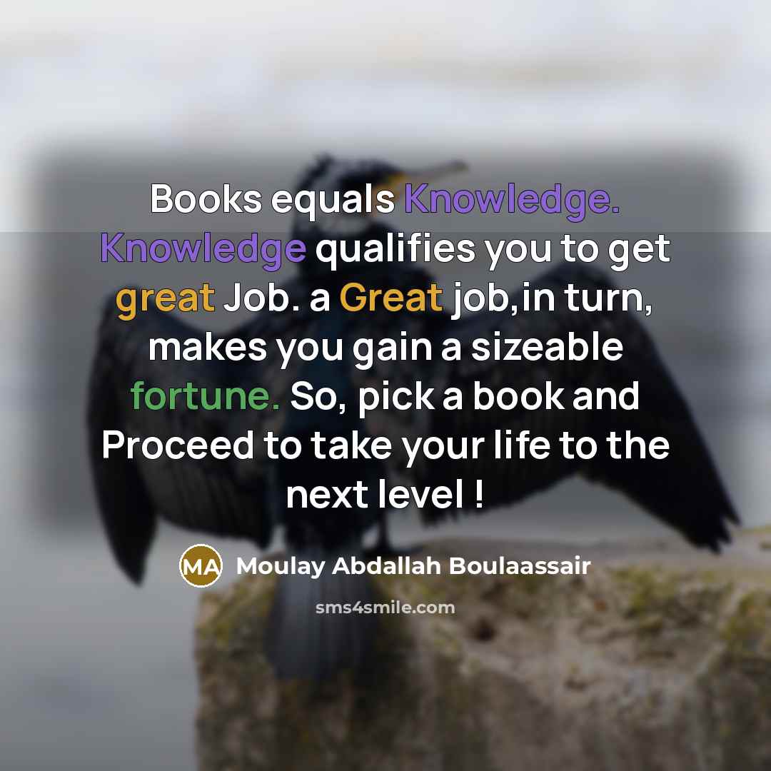 “Books equals Knowledge. Knowledge qualifies you to get great Job.…” quote by Moulay Abdallah Boulaassair