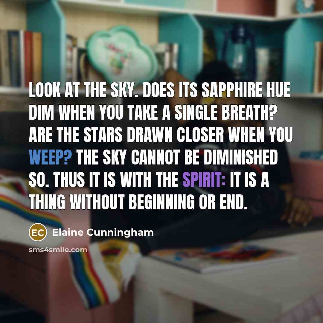 “Look at the sky. Does its sapphire hue dim when…” quote by Elaine Cunningham