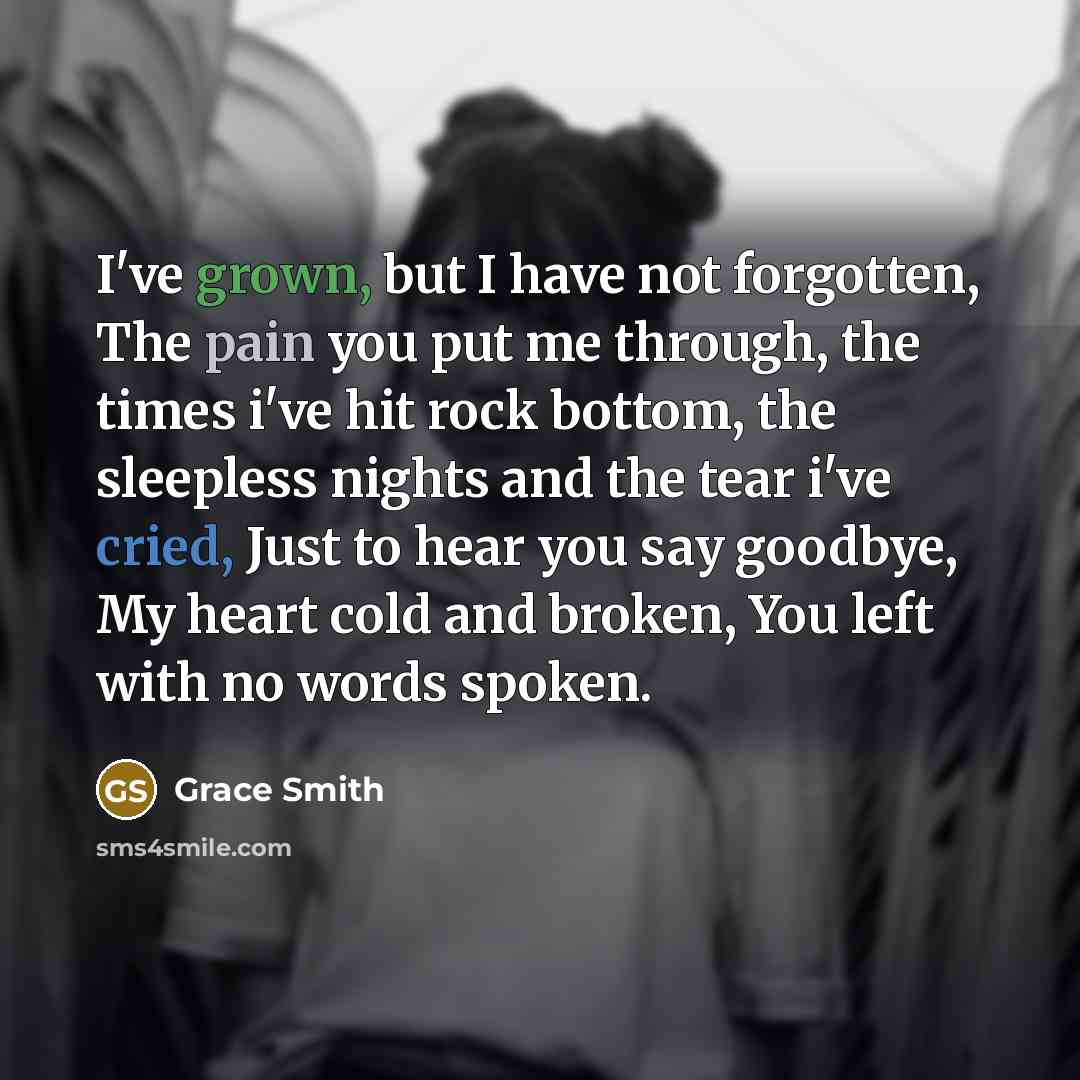 “I've grown, but I have not forgotten, The pain you put me through, the times i've hit rock bottom, the sleepless nights and the tear i've cried, Just to hear you say goodbye, My heart cold and broken, You left with no words spoken.” quote by Grace Smith