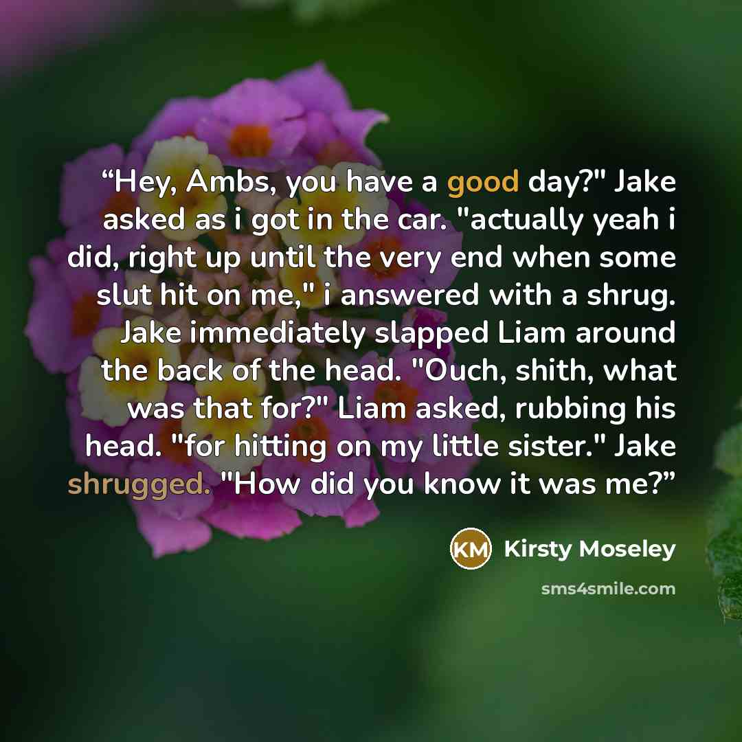 “Hey, Ambs, you have a good day?" Jake asked as i got in the car. "actually yeah i did, right up until the very end when some slut hit on me," i answered with a shrug. Jake immediately slapped Liam around the back of the head. "Ouch, shith, what was that for?" Liam asked, rubbing his head. "for…” quote by Kirsty Moseley