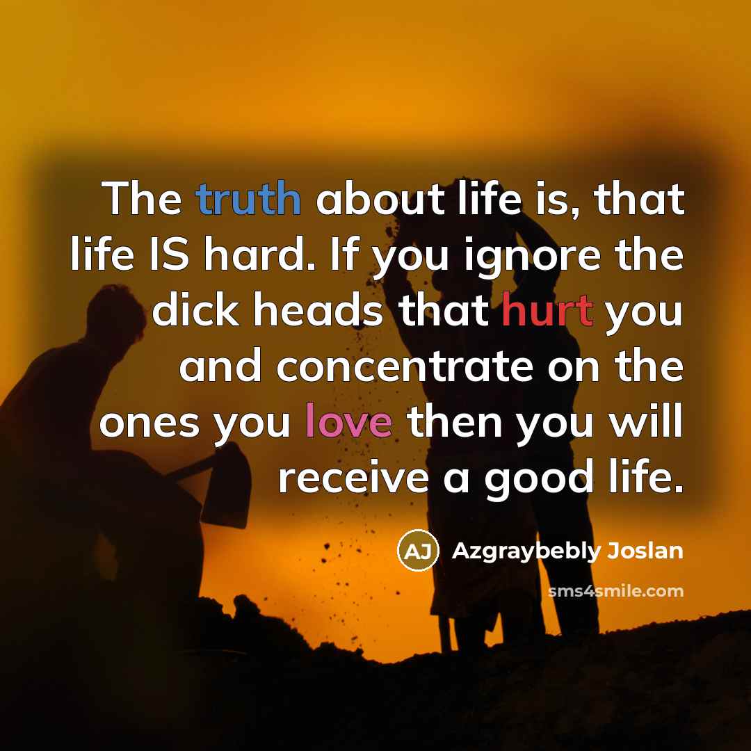 “The truth about life is, that life IS hard. If you ignore the dick heads that hurt you and concentrate on the ones you love then you will receive a good life.” quote by Azgraybebly Joslan