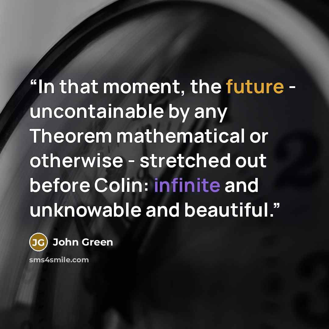 “In that moment, the future - uncontainable by any Theorem mathematical or otherwise - stretched out before Colin: infinite and unknowable and beautiful.” quote by John Green