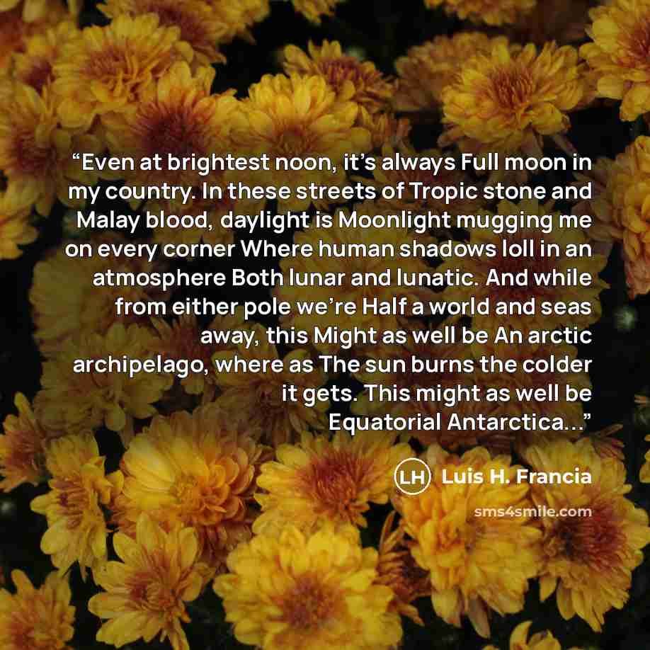 “Even at brightest noon, it’s always Full moon in my country. In these streets of Tropic stone and Malay blood, daylight is Moonlight mugging me on every corner Where human shadows loll in an atmosphere Both lunar and lunatic. And while from either pole we’re Half a world and seas away, this Might…” quote by Luis H. Francia