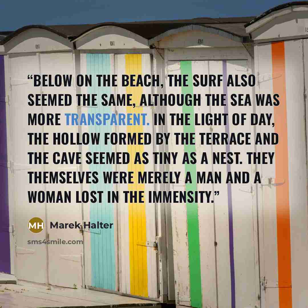 “Below on the beach, the surf also seemed the same, although the sea was more transparent. In the light of day, the hollow formed by the terrace and the cave seemed as tiny as a nest. They themselves were merely a man and a woman lost in the immensity.” quote by Marek Halter