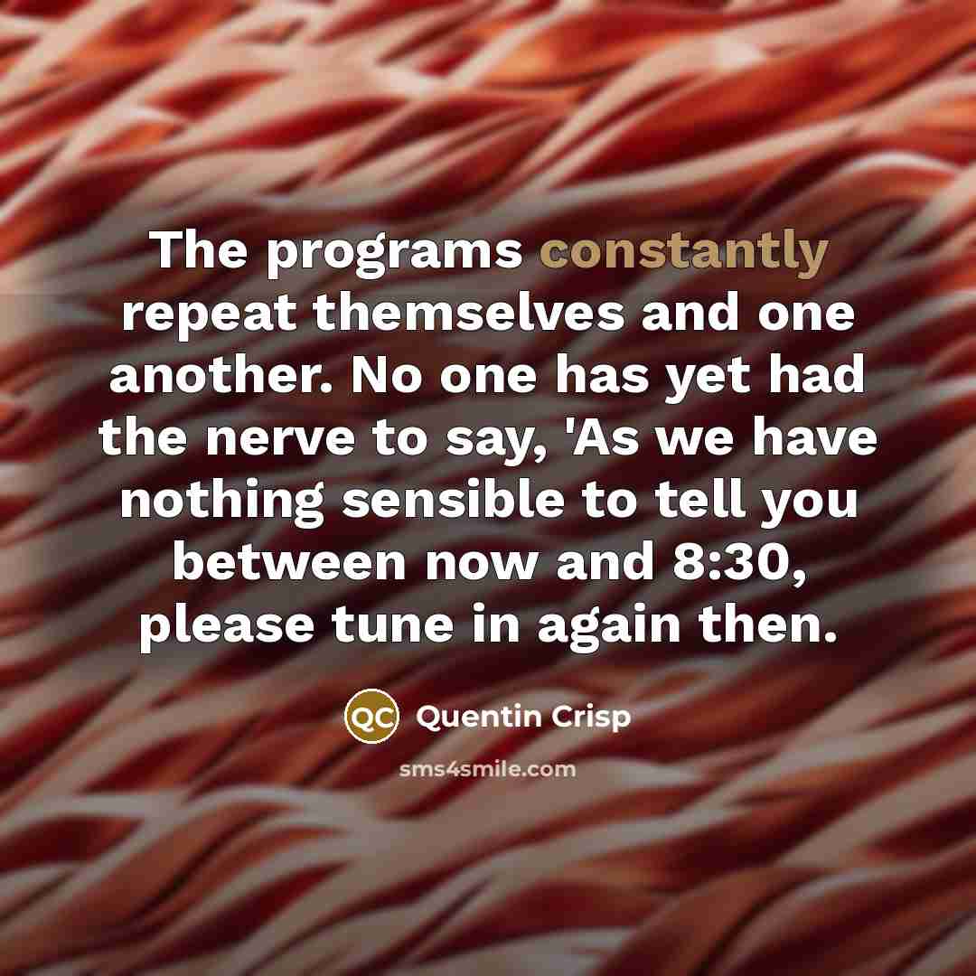 “The programs constantly repeat themselves and one another. No one has yet had the nerve to say, 'As we have nothing sensible to tell you between now and 8:30, please tune in again then.” quote by Quentin Crisp