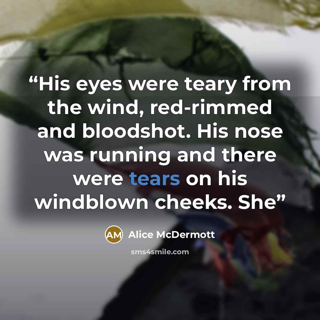 “His eyes were teary from the wind, red-rimmed and bloodshot. His nose was running and there were tears on his windblown cheeks. She” quote by Alice McDermott