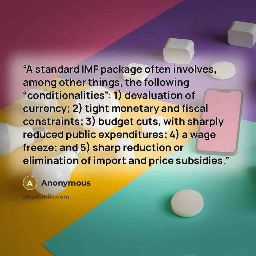 “A standard IMF package often involves, among other things, the following “conditionalities”: 1) devaluation of currency; 2) tight monetary and fiscal constraints; 3) budget cuts, with sharply reduced public expenditures; 4) a wage freeze; and 5) sharp reduction or elimination of import and price…” quote by Anonymous
