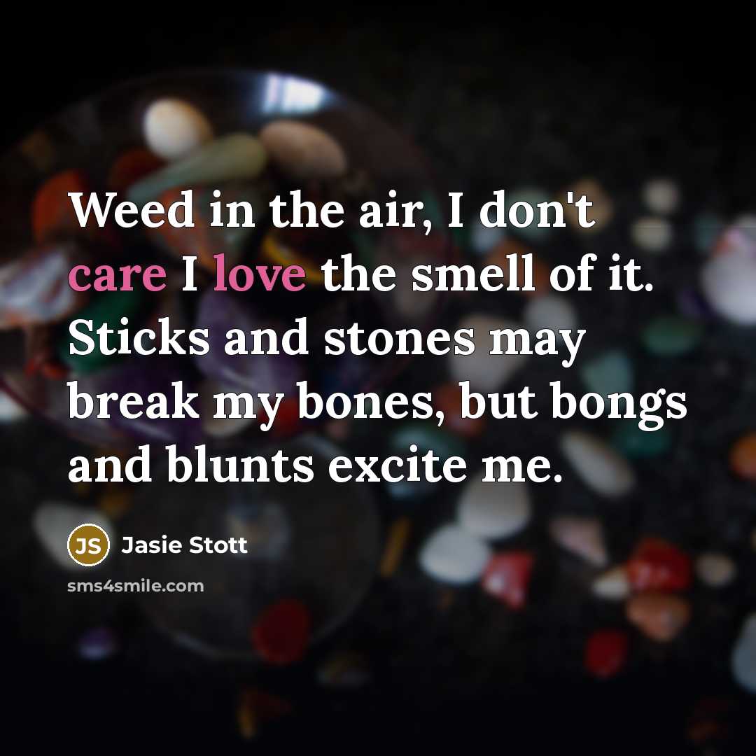 “Weed in the air, I don't care I love the smell of it. Sticks and stones may break my bones, but bongs and blunts excite me.” quote by Jasie Stott