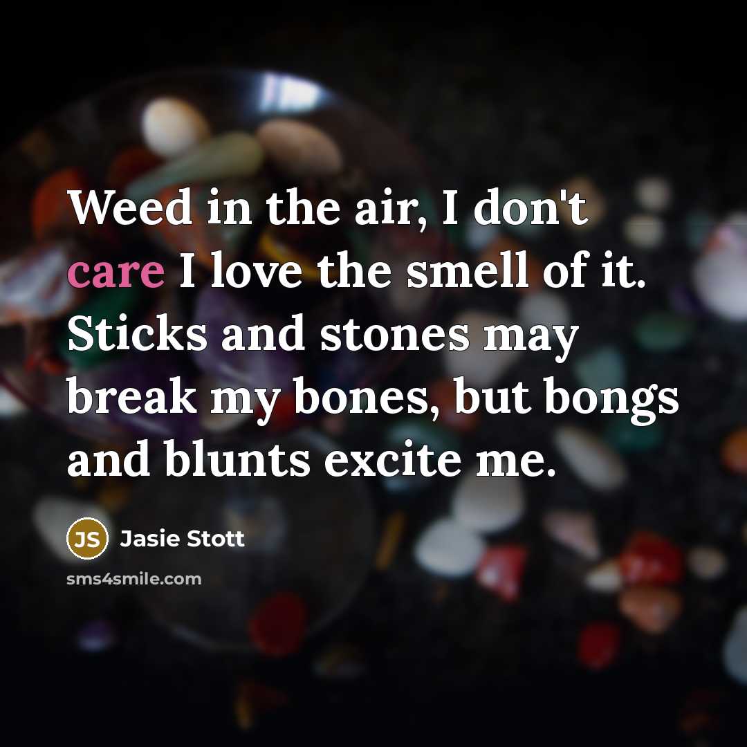 “Weed in the air, I don't care I love the smell of it. Sticks and stones may break my bones, but bongs and blunts excite me.” quote by Jasie Stott