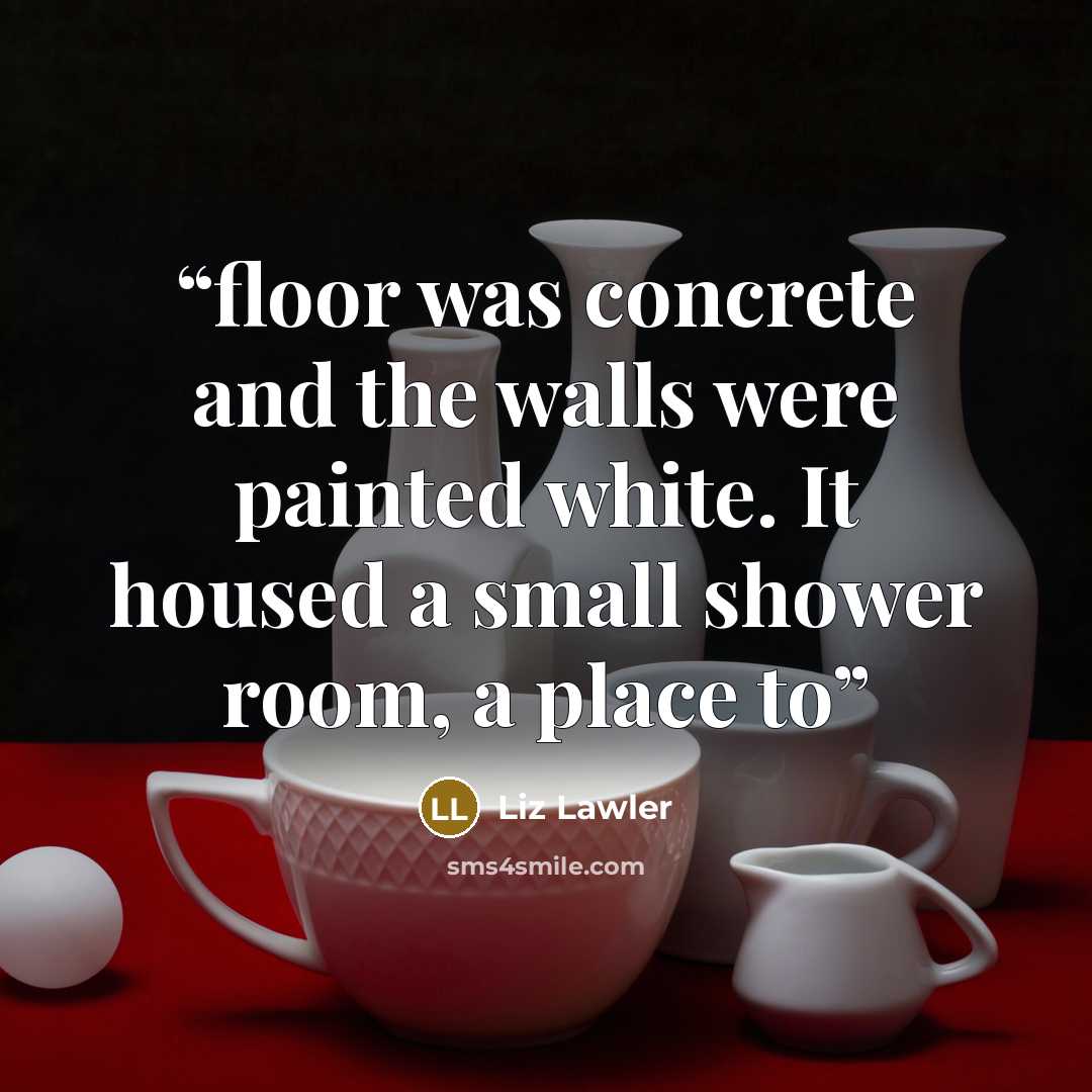“floor was concrete and the walls were painted white. It housed a small shower room, a place to” quote by Liz Lawler
