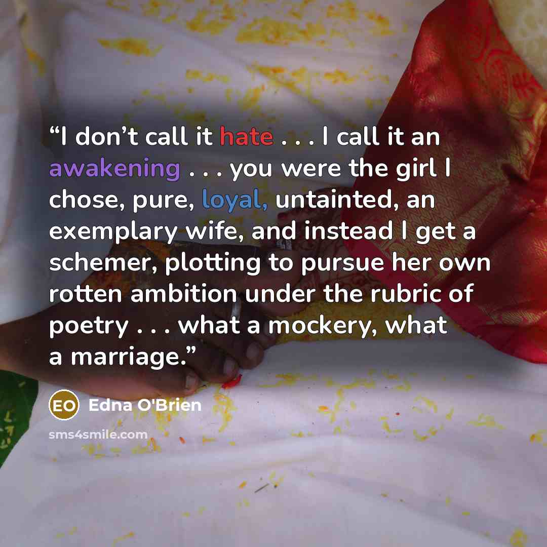 “I don’t call it hate . . . I call it an awakening . . . you were the girl I chose, pure, loyal, untainted, an exemplary wife, and instead I get a schemer, plotting to pursue her own rotten ambition under the rubric of poetry . . . what a mockery, what a marriage.” quote by Edna O'Brien