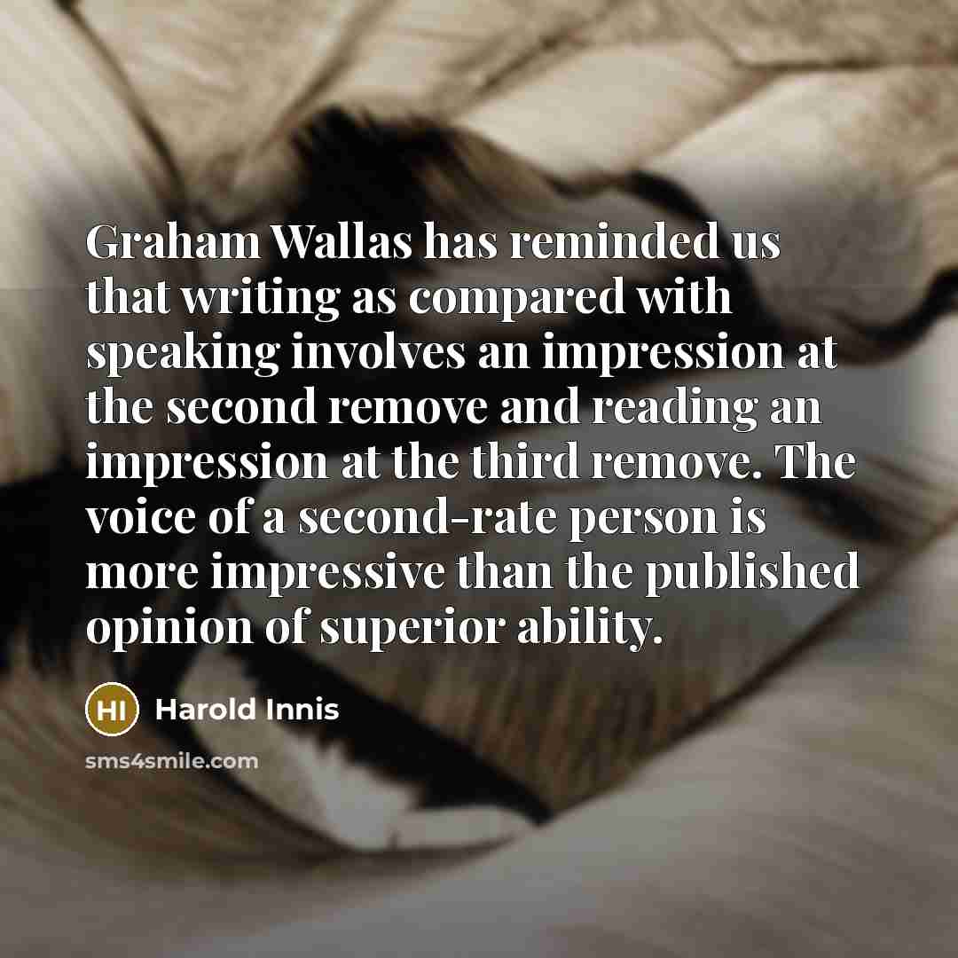 “Graham Wallas has reminded us that writing as compared with…” quote by Harold Innis
