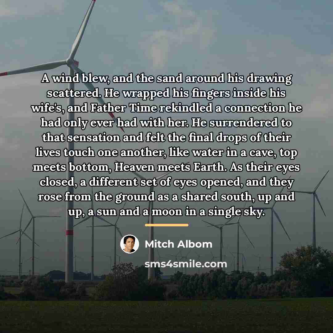 “A wind blew, and the sand around his drawing scattered.…” quote by Mitch Albom