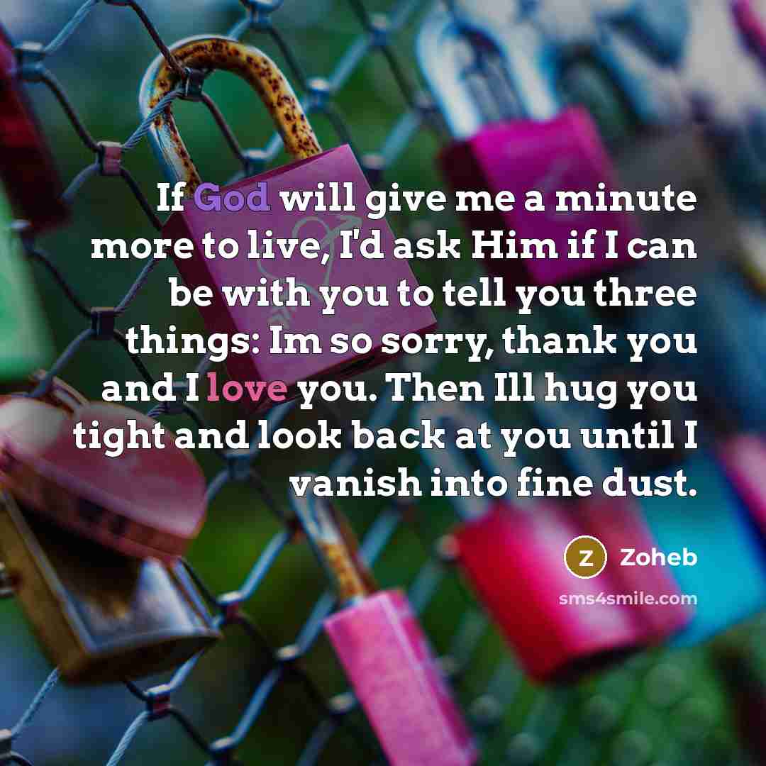 “If God will give me a minute more to live, I'd ask Him if I can be with you to tell you three things: Im so sorry, thank you and I love you. Then Ill hug you tight and look back at you until I vanish into fine dust.” quote by Zoheb