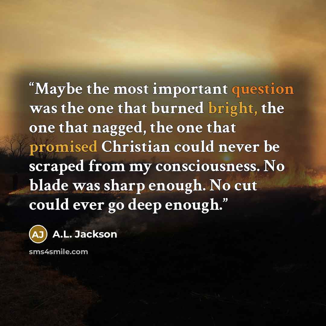 “Maybe the most important question was the one that burned bright, the one that nagged, the one that promised Christian could never be scraped from my consciousness. No blade was sharp enough. No cut could ever go deep enough.” quote by A.L. Jackson