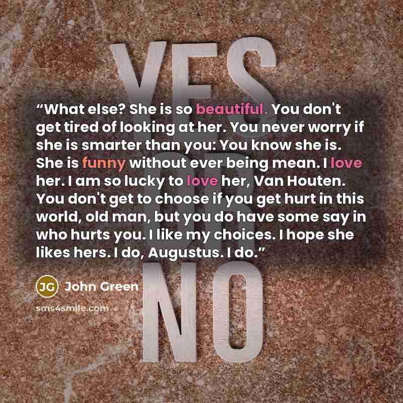 “What else? She is so beautiful. You don't get tired of looking at her. You never worry if she is smarter than you: You know she is. She is funny without ever being mean. I love her. I am so lucky to love her, Van Houten. You don't get to choose if you get hurt in this world, old man, but you do…” quote by John Green