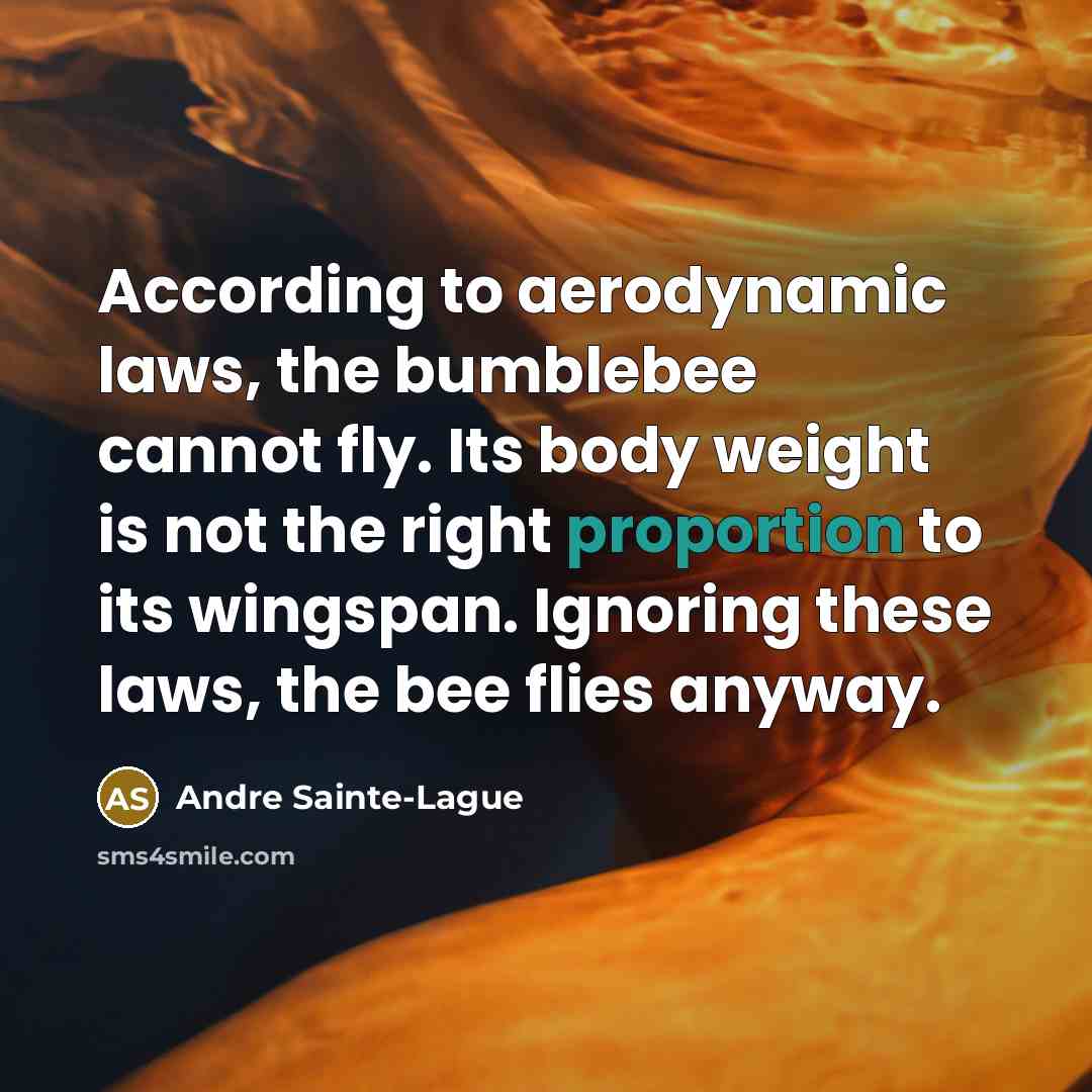 “According to aerodynamic laws, the bumblebee cannot fly. Its body weight is not the right proportion to its wingspan. Ignoring these laws, the bee flies anyway.” quote by Andre Sainte-Lague