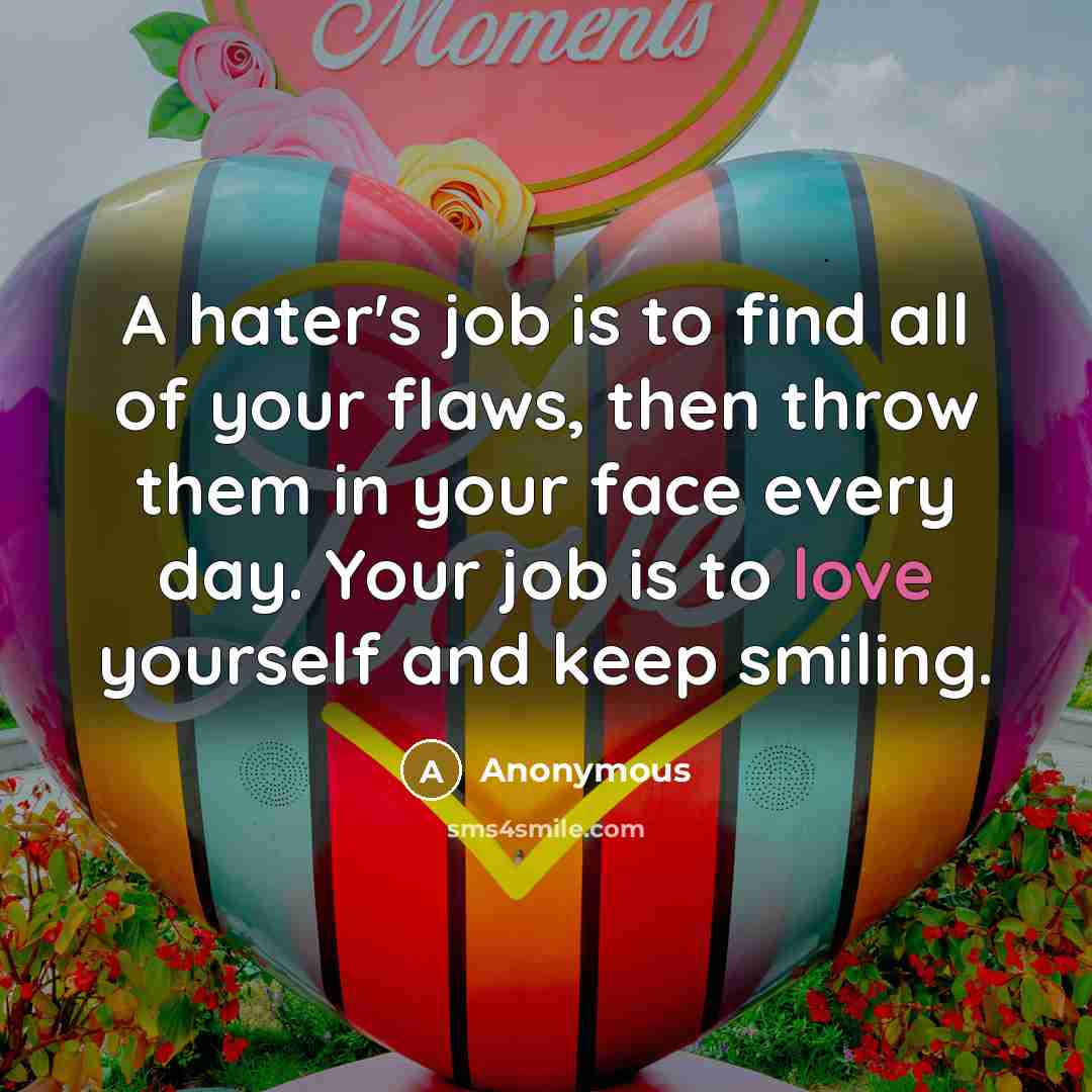 “A hater's job is to find all of your flaws,…” quote by Anonymous