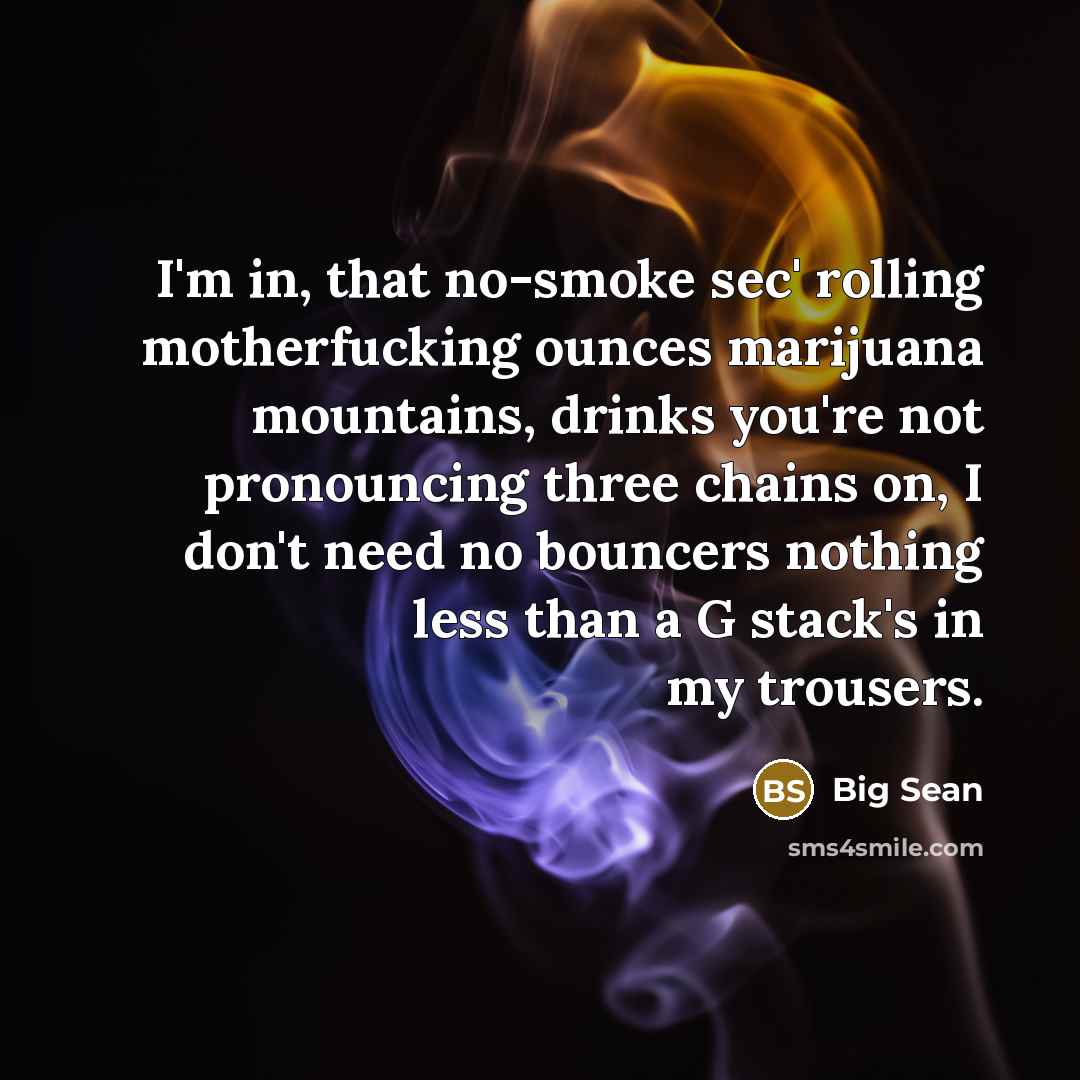“I'm in, that no-smoke sec' rolling motherfucking ounces marijuana mountains,…” quote by Big Sean