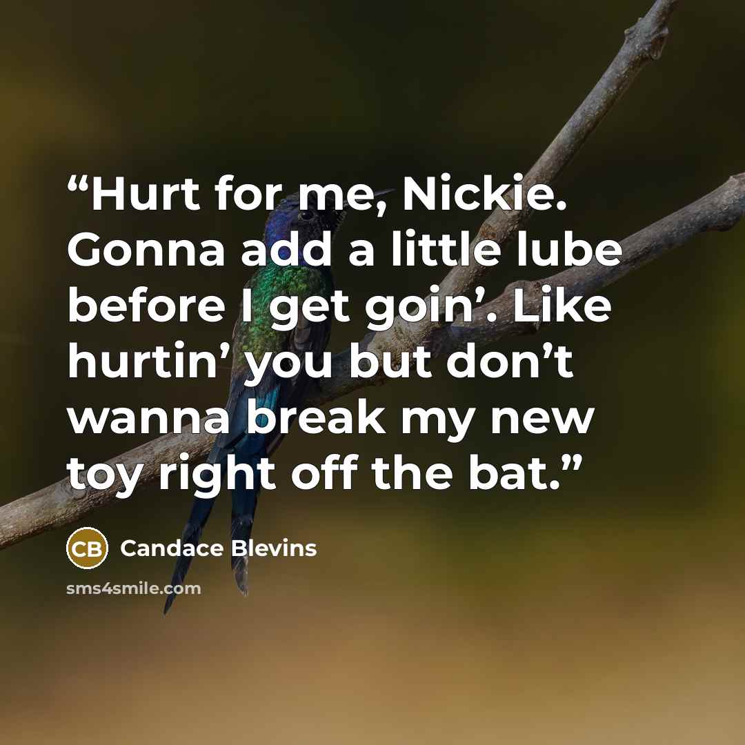 “Hurt for me, Nickie. Gonna add a little lube before I get goin’. Like hurtin’ you but don’t wanna break my new toy right off the bat.” quote by Candace Blevins