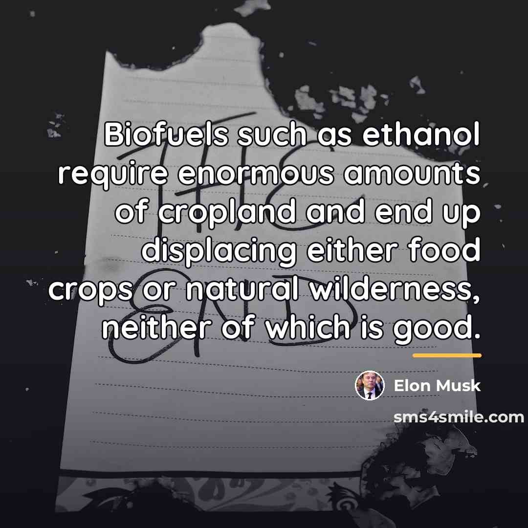 “Biofuels such as ethanol require enormous amounts of cropland and…” quote by Elon Musk