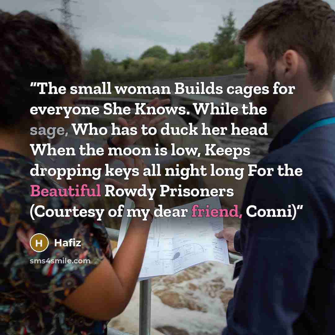 “The small woman Builds cages for everyone She Knows. While the sage, Who has to duck her head When the moon is low, Keeps dropping keys all night long For the Beautiful Rowdy Prisoners (Courtesy of my dear friend, Conni)” quote by Hafiz