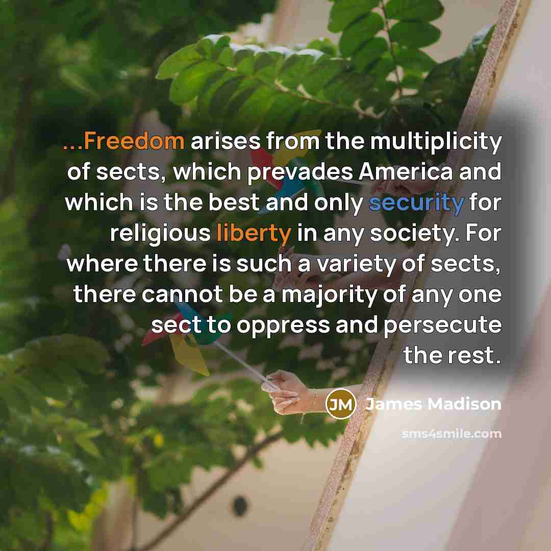 “...Freedom arises from the multiplicity of sects, which prevades America…” quote by James Madison