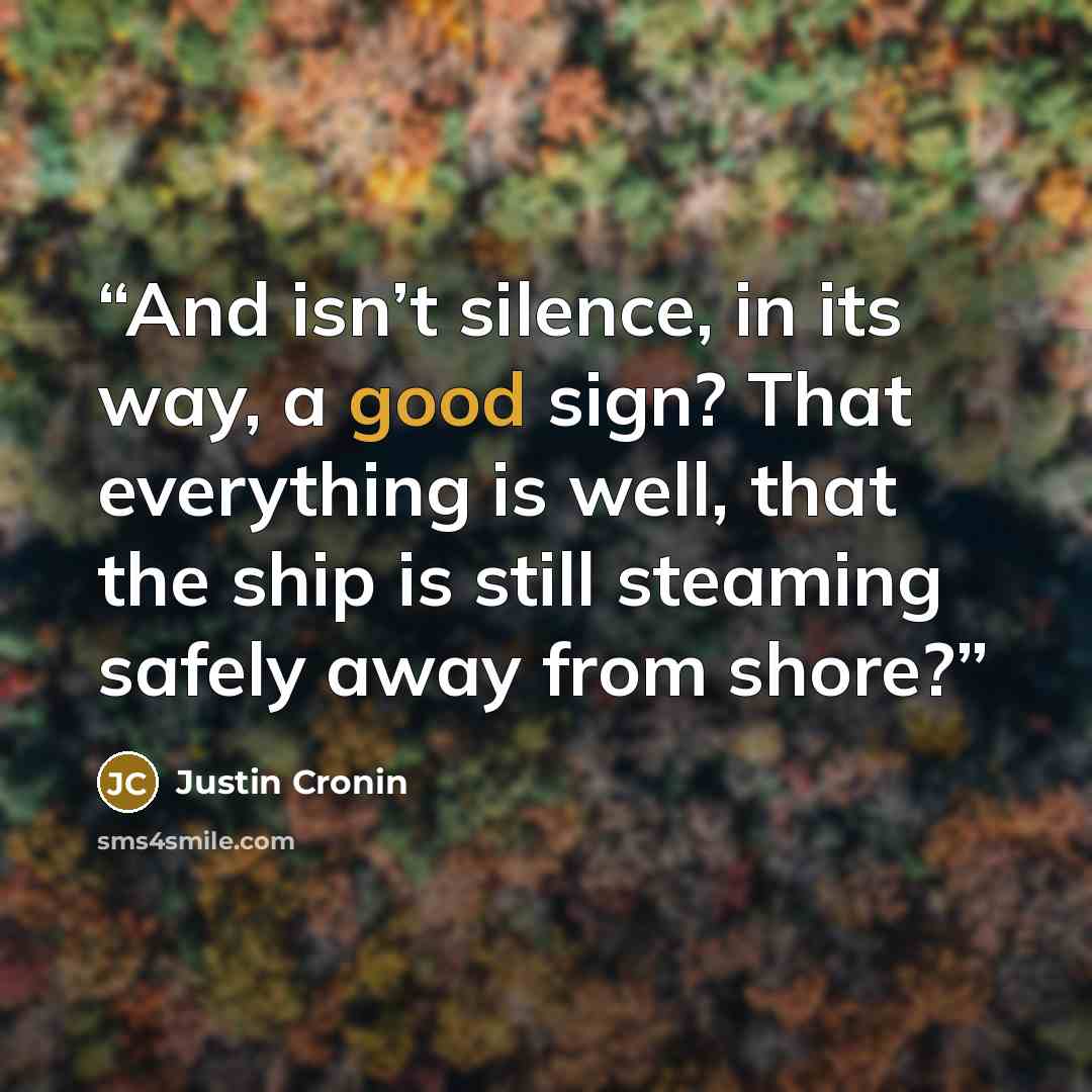 “And isn’t silence, in its way, a good sign? That everything is well, that the ship is still steaming safely away from shore?” quote by Justin Cronin