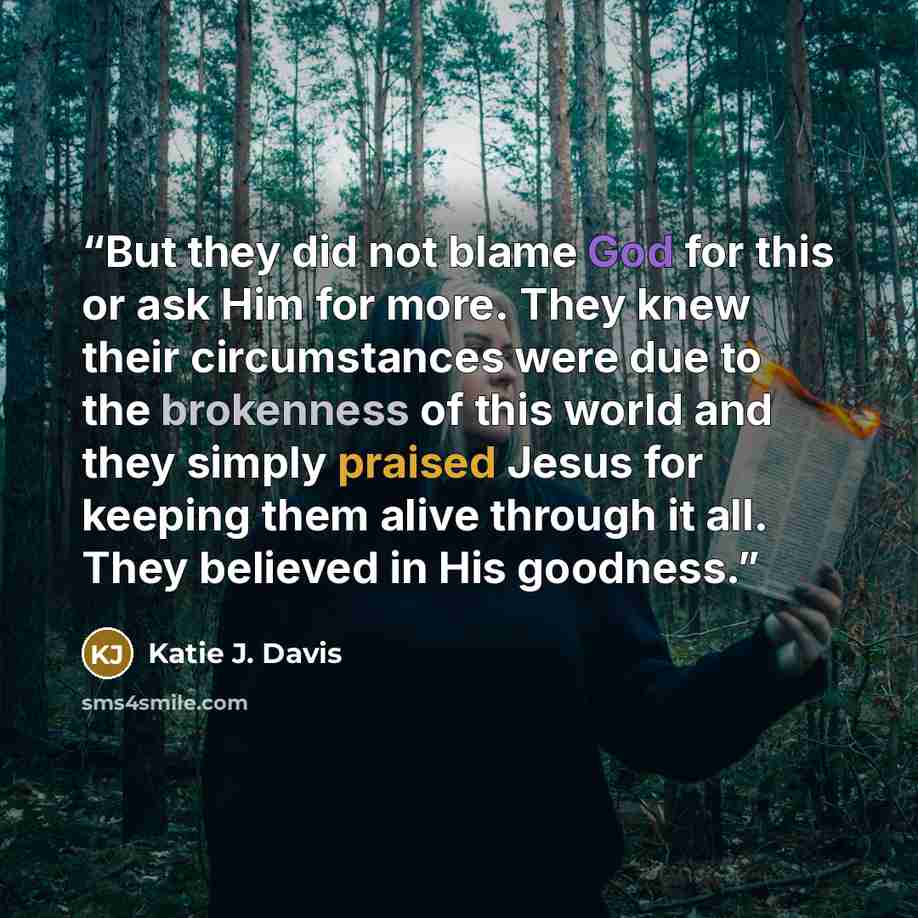 “But they did not blame God for this or ask Him for more. They knew their circumstances were due to the brokenness of this world and they simply praised Jesus for keeping them alive through it all. They believed in His goodness.” quote by Katie J. Davis