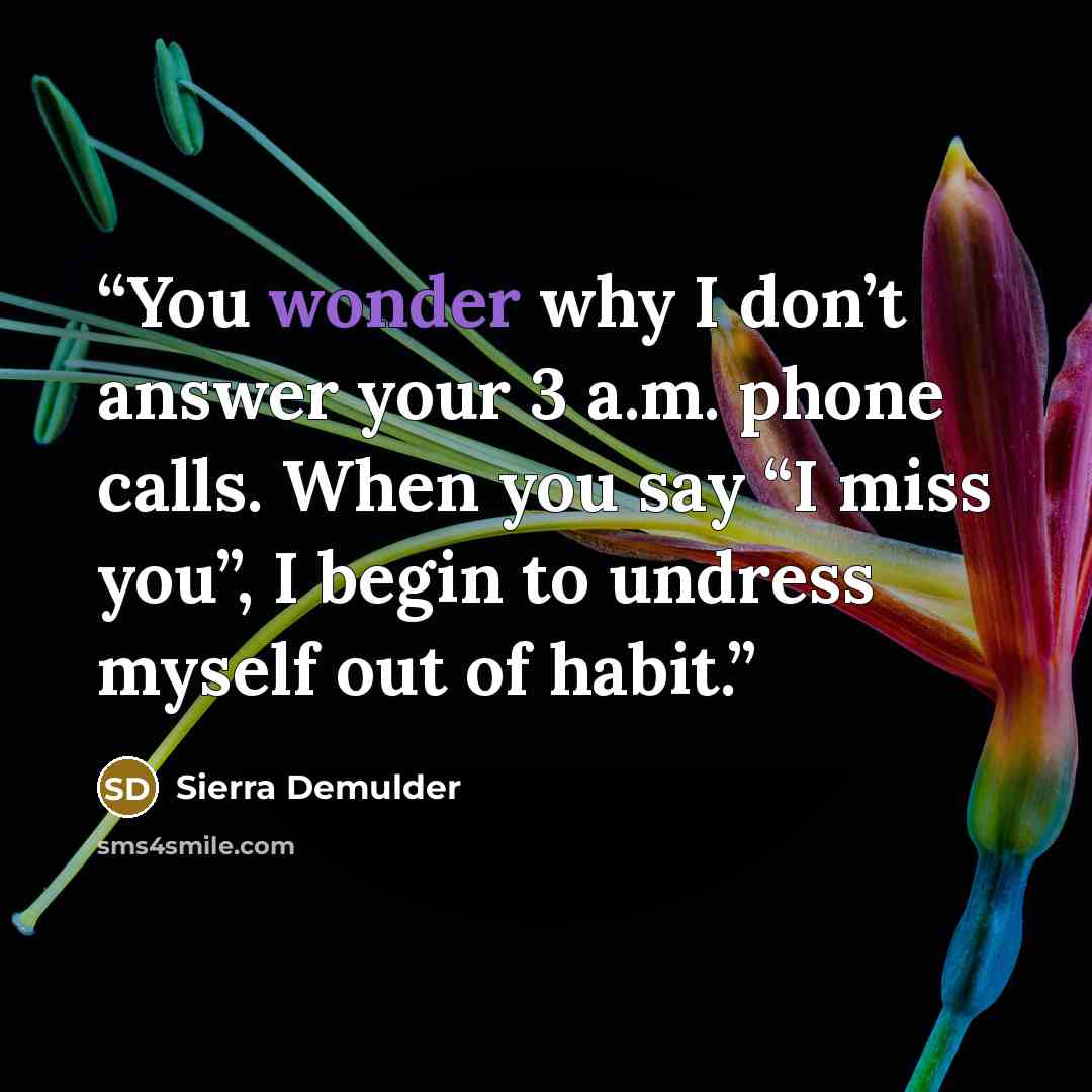 “You wonder why I don’t answer your 3 a.m. phone calls. When you say “I miss you”, I begin to undress myself out of habit.” quote by Sierra Demulder