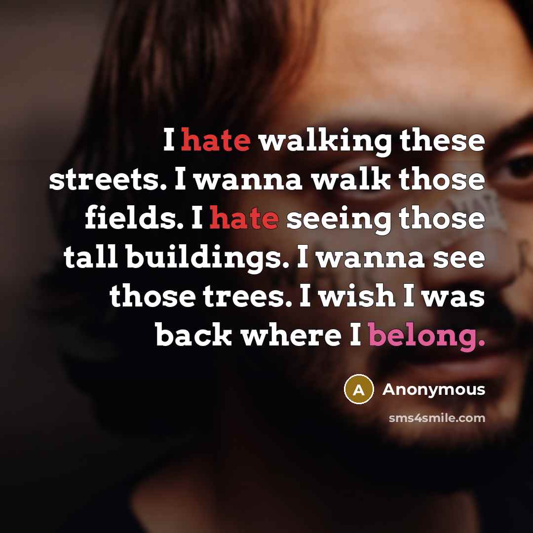 “I hate walking these streets. I wanna walk those fields. I hate seeing those tall buildings. I wanna see those trees. I wish I was back where I belong.” quote by Anonymous