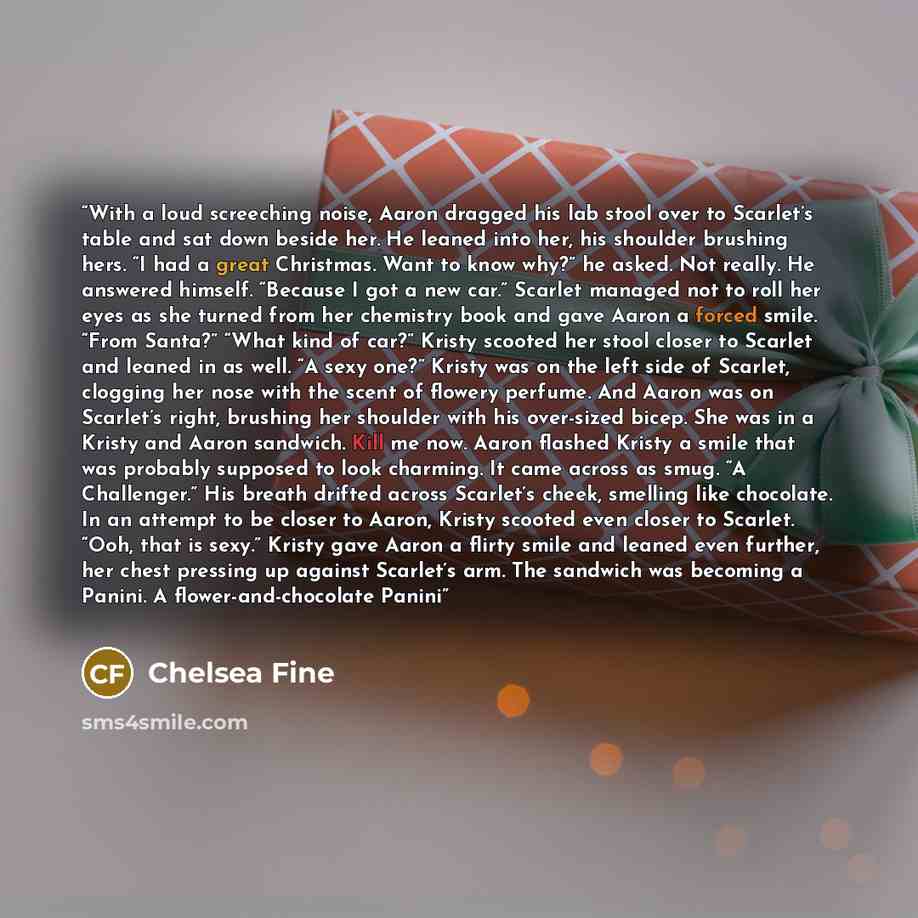 “With a loud screeching noise, Aaron dragged his lab stool over to Scarlet’s table and sat down beside her. He leaned into her, his shoulder brushing hers. “I had a great Christmas. Want to know why?” he asked. Not really. He answered himself. “Because I got a new car.” Scarlet managed not to roll…” quote by Chelsea Fine
