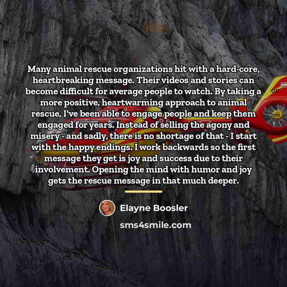 “Many animal rescue organizations hit with a hard-core, heartbreaking message.…” quote by Elayne Boosler