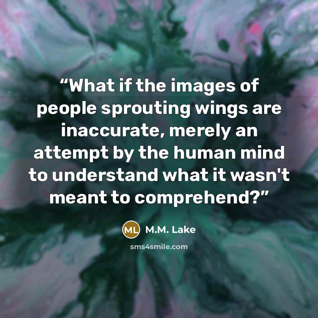 “What if the images of people sprouting wings are inaccurate, merely an attempt by the human mind to understand what it wasn't meant to comprehend?” quote by M.M. Lake