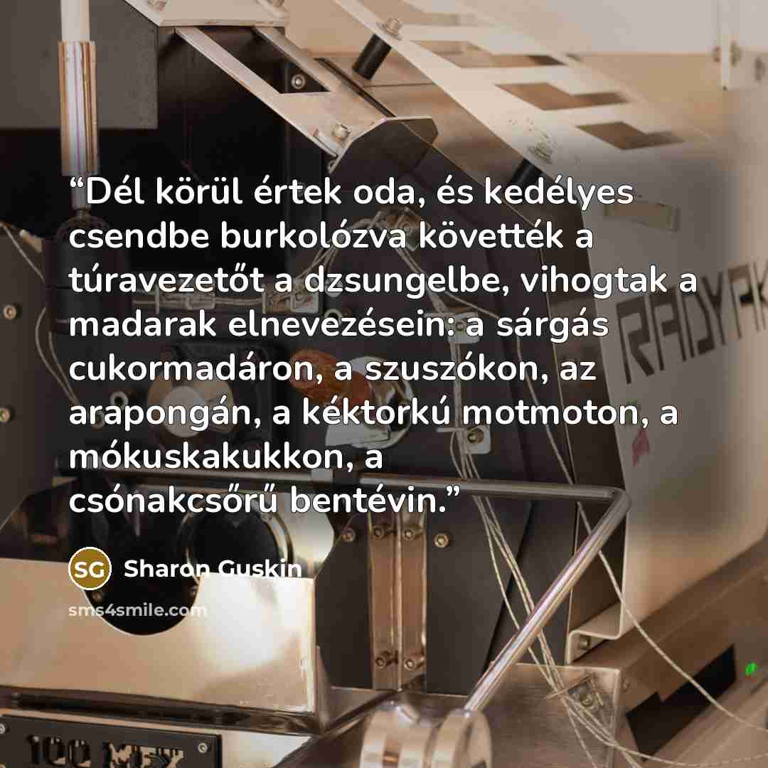 “Dél körül értek oda, és kedélyes csendbe burkolózva követték a túravezetőt a dzsungelbe, vihogtak a madarak elnevezésein: a sárgás cukormadáron, a szuszókon, az arapongán, a kéktorkú motmoton, a mókuskakukkon, a csónakcsőrű bentévin.” quote by Sharon Guskin