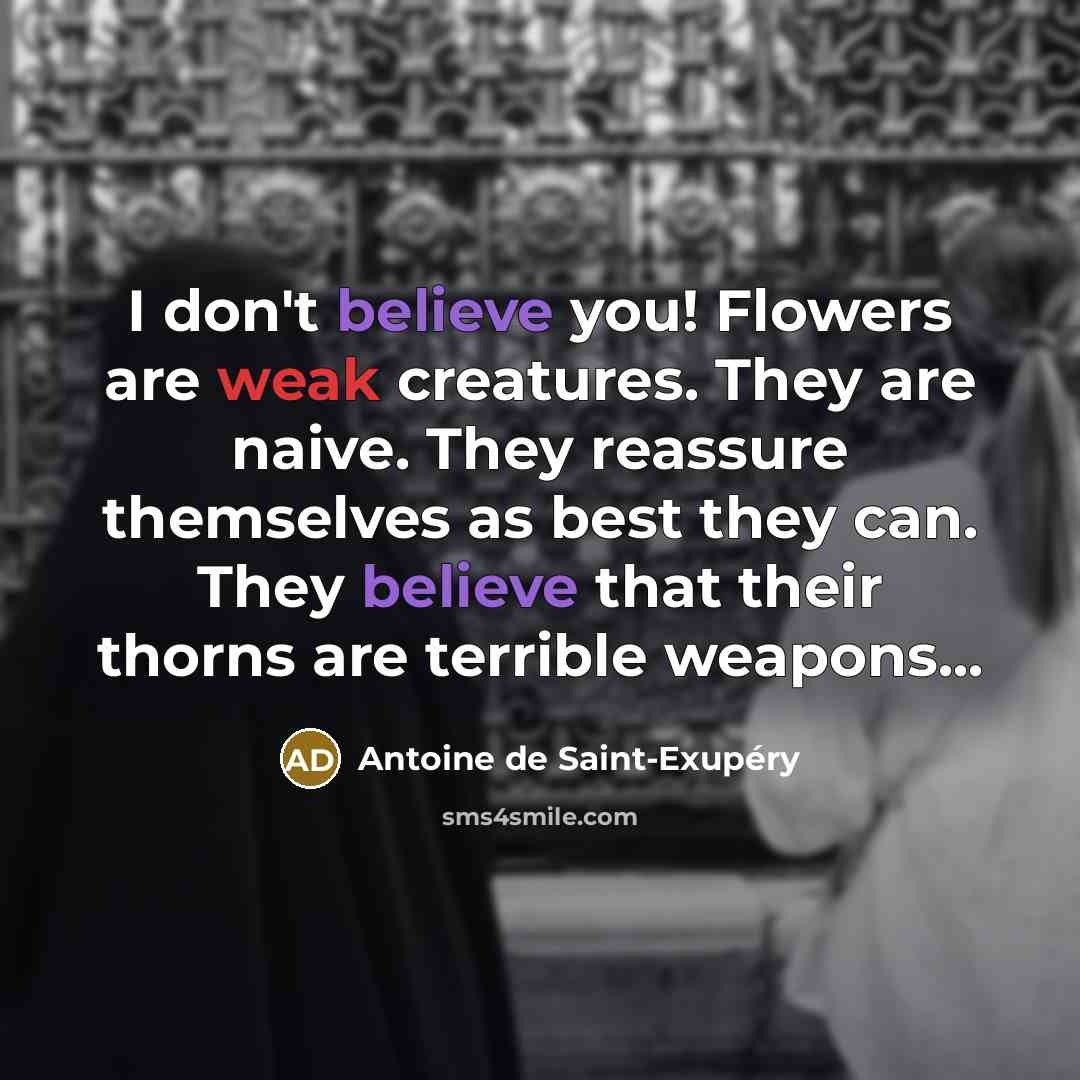 “I don't believe you! Flowers are weak creatures. They are…” quote by Antoine de Saint-Exupery