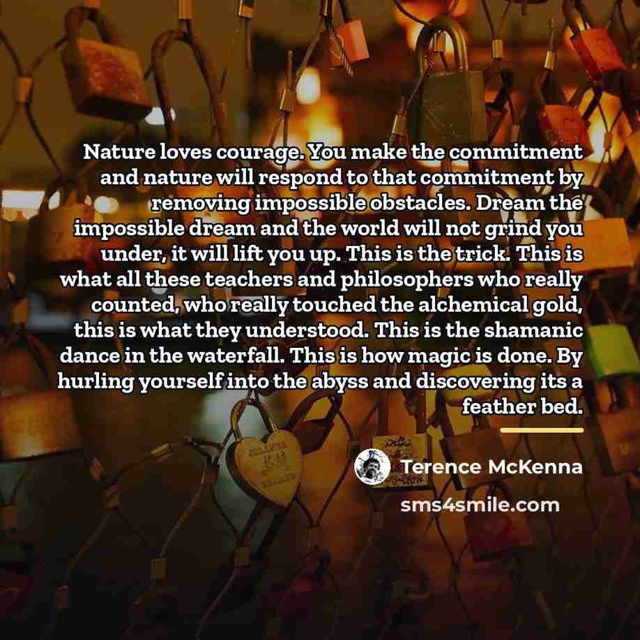 “Nature loves courage. You make the commitment and nature will…” quote by Terence McKenna