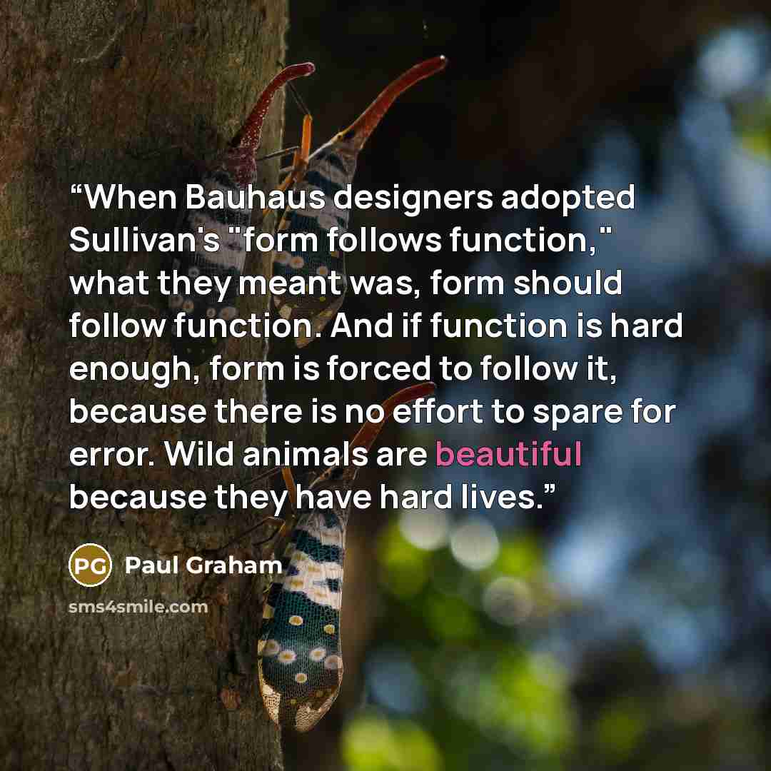 “When Bauhaus designers adopted Sullivan's "form follows function," what they meant was, form should follow function. And if function is hard enough, form is forced to follow it, because there is no effort to spare for error. Wild animals are beautiful because they have hard lives.” quote by Paul Graham