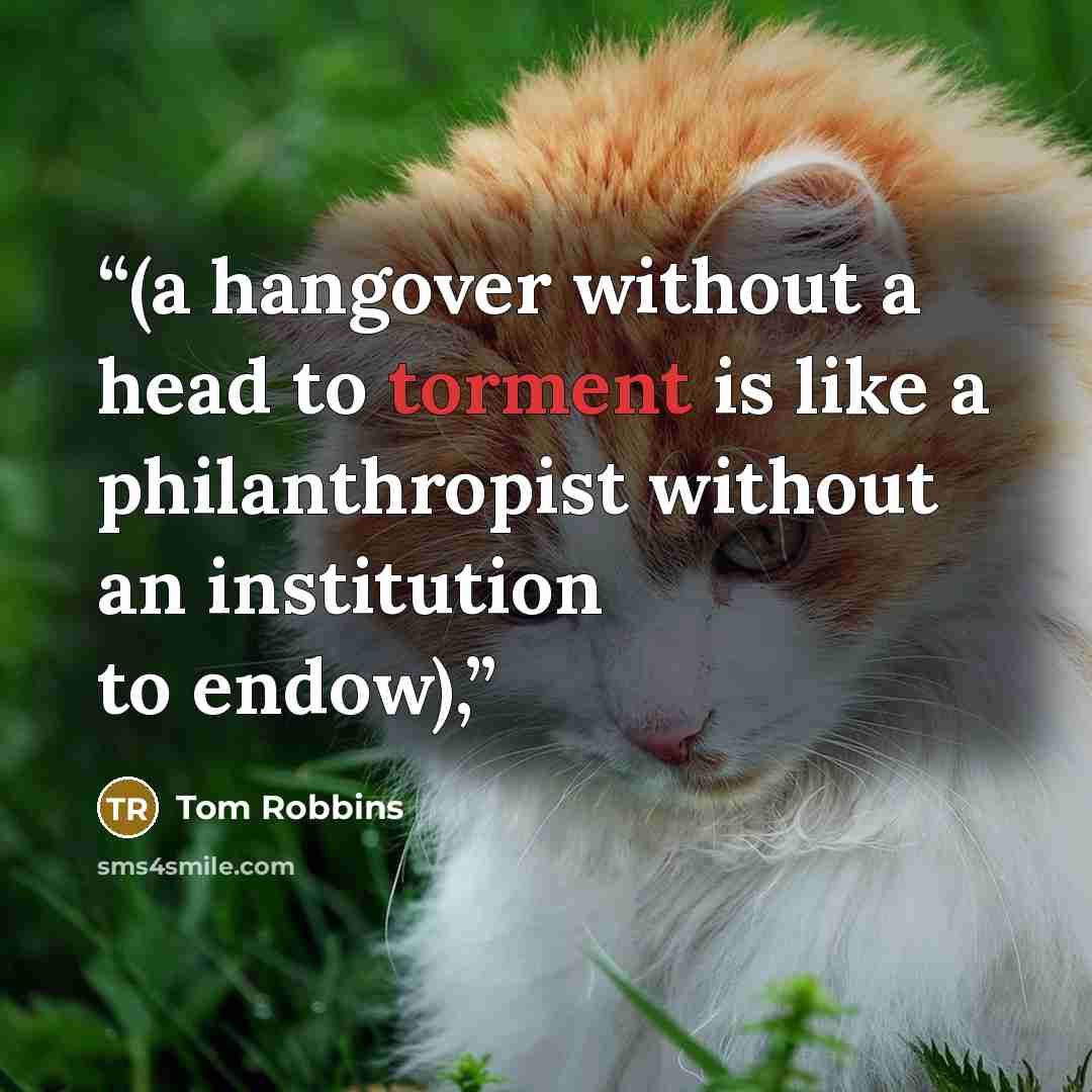 “(a hangover without a head to torment is like a philanthropist without an institution to endow),” quote by Tom Robbins