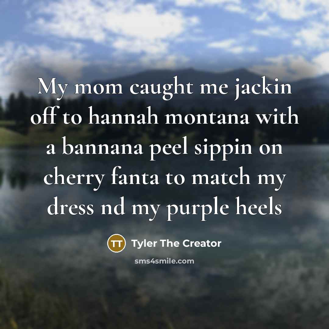 “My mom caught me jackin off to hannah montana with a bannana peel sippin on cherry fanta to match my dress nd my purple heels” quote by Tyler The Creator