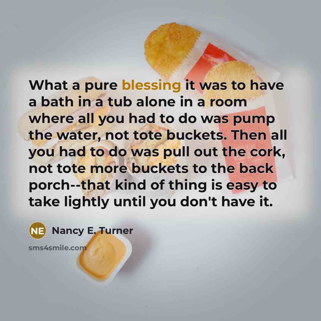“What a pure blessing it was to have a bath in a tub alone in a room where all you had to do was pump the water, not tote buckets. Then all you had to do was pull out the cork, not tote more buckets to the back porch--that kind of thing is easy to take lightly until you don't have it.” quote by Nancy E. Turner