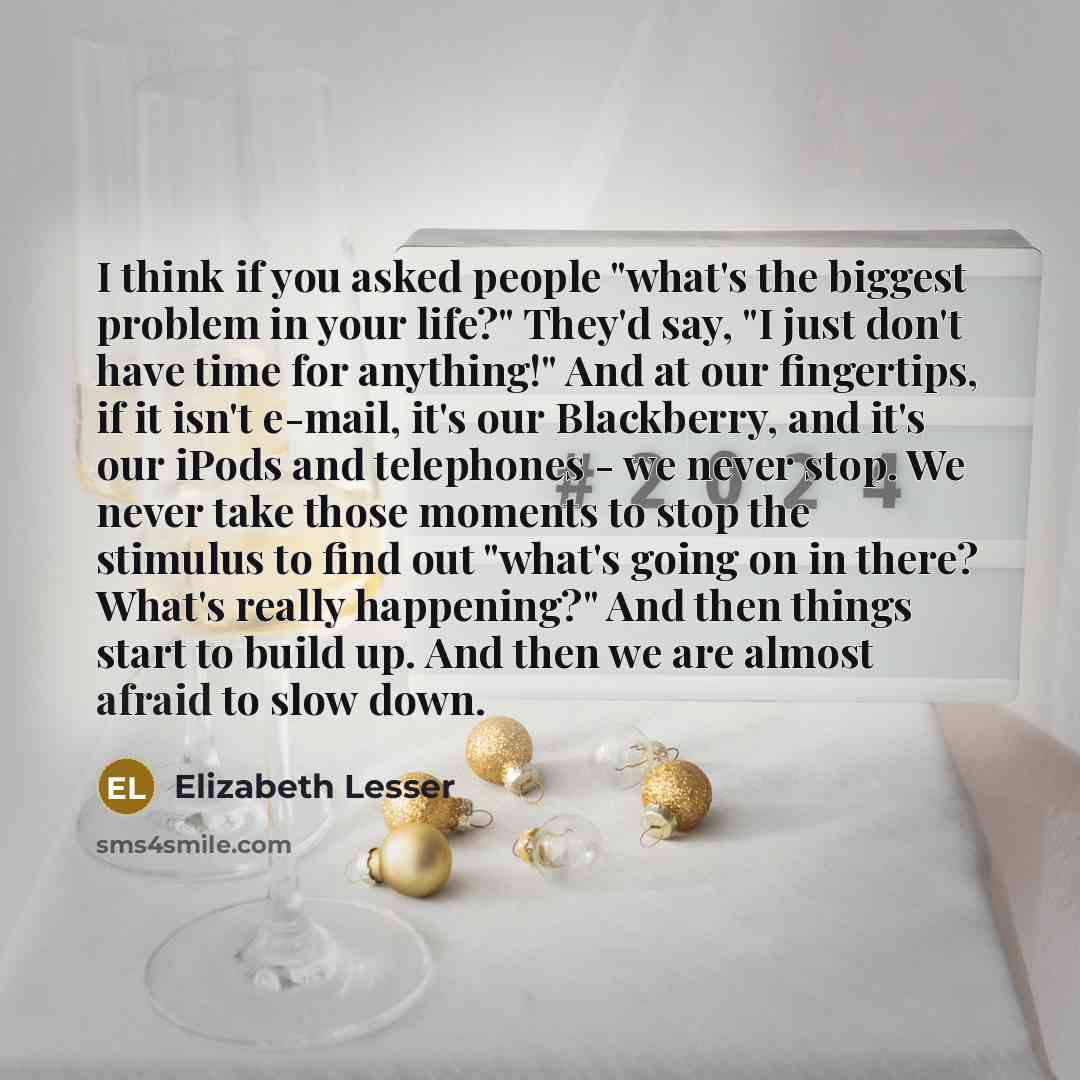 “I think if you asked people "what's the biggest problem in your life?" They'd say, "I just don't have time for anything!" And at our fingertips, if it isn't e-mail, it's our Blackberry, and it's our iPods and telephones - we never stop. We never take those moments to stop the stimulus to find out…” quote by Elizabeth Lesser