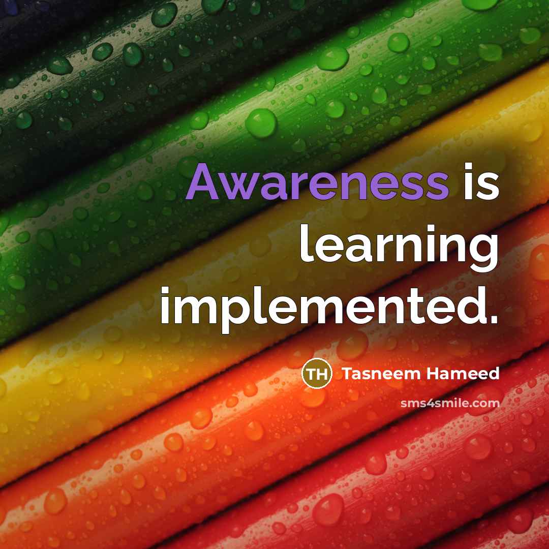 “Awareness is learning implemented.…” quote by Tasneem Hameed